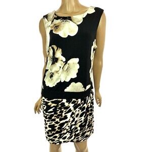 New York Co Sleeveless Drop Waist Dress Size L Black w Large Beige/Black Flowers